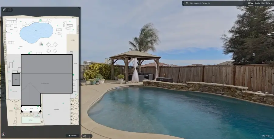 iGUIDE 3D virtual tour with interactive floorplan and pool view — Sparks Media Group Fairfield CA