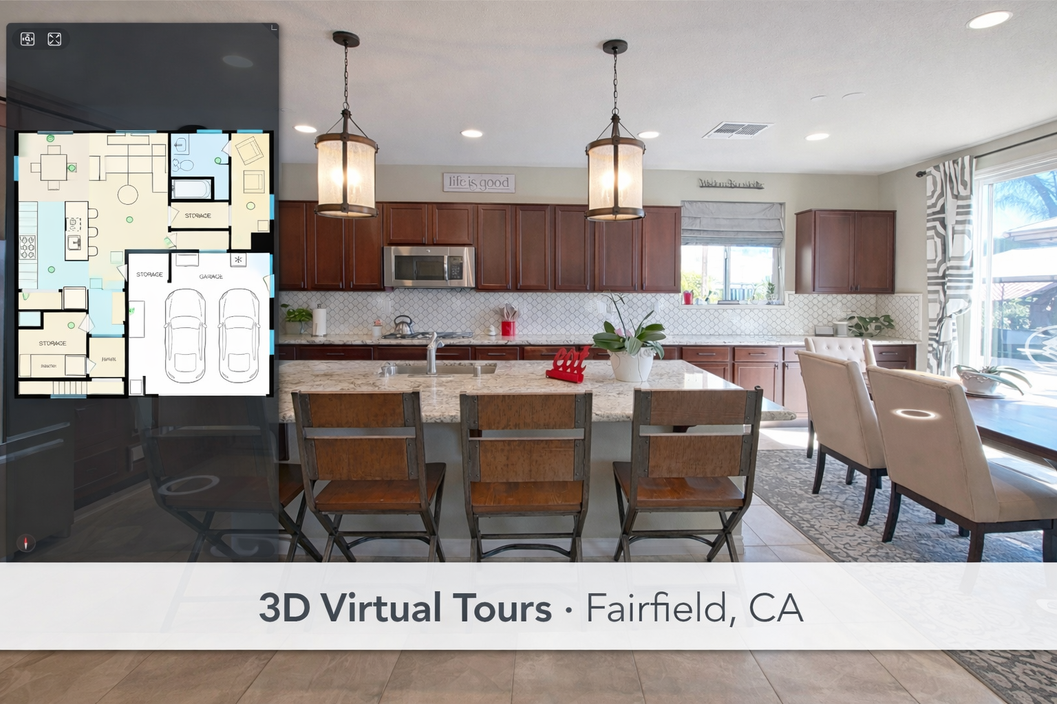3D virtual tour of a Fairfield CA home showing kitchen interior and iGUIDE floor plan overlay